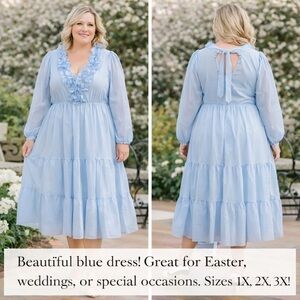 Velvet Light Blue Ruffled V-Neck Tiered Midi Dress
